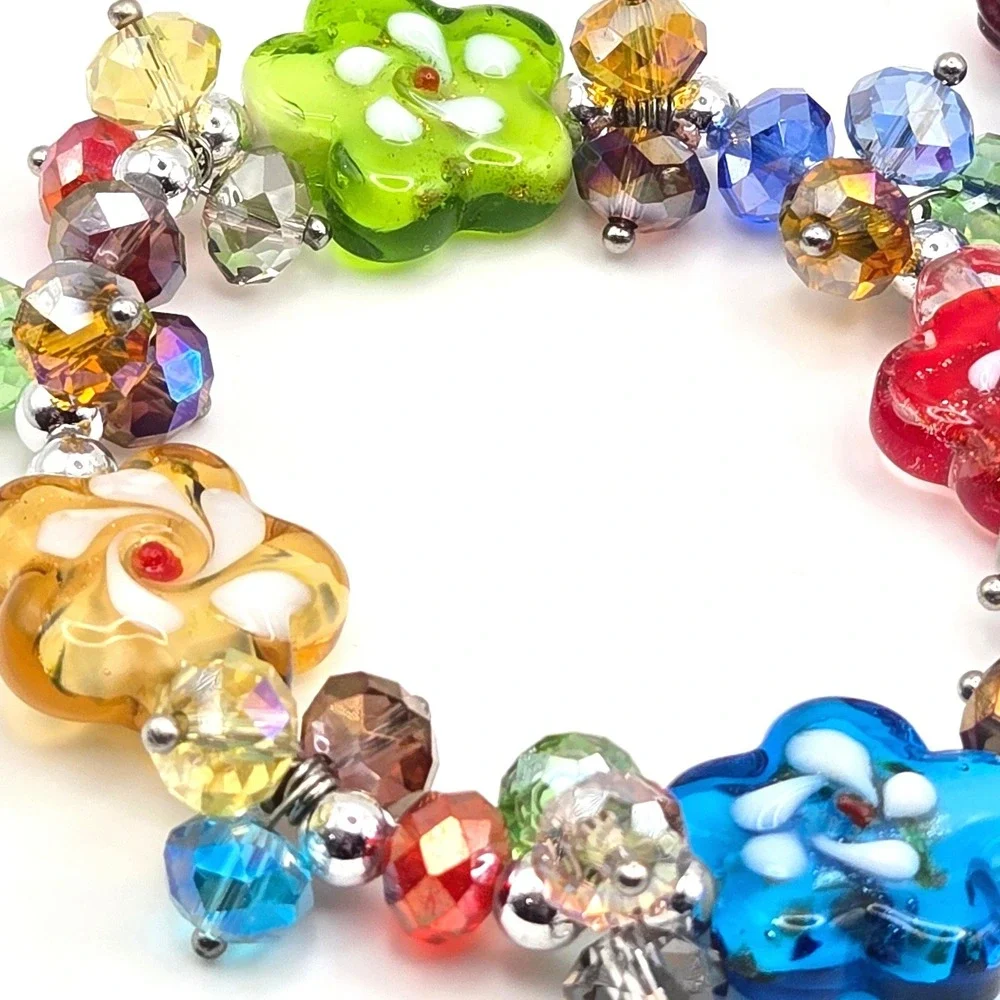 Handmade Lampwork Flower and‎ Art Glass Bead Stretch Bracelet Set Multicolored